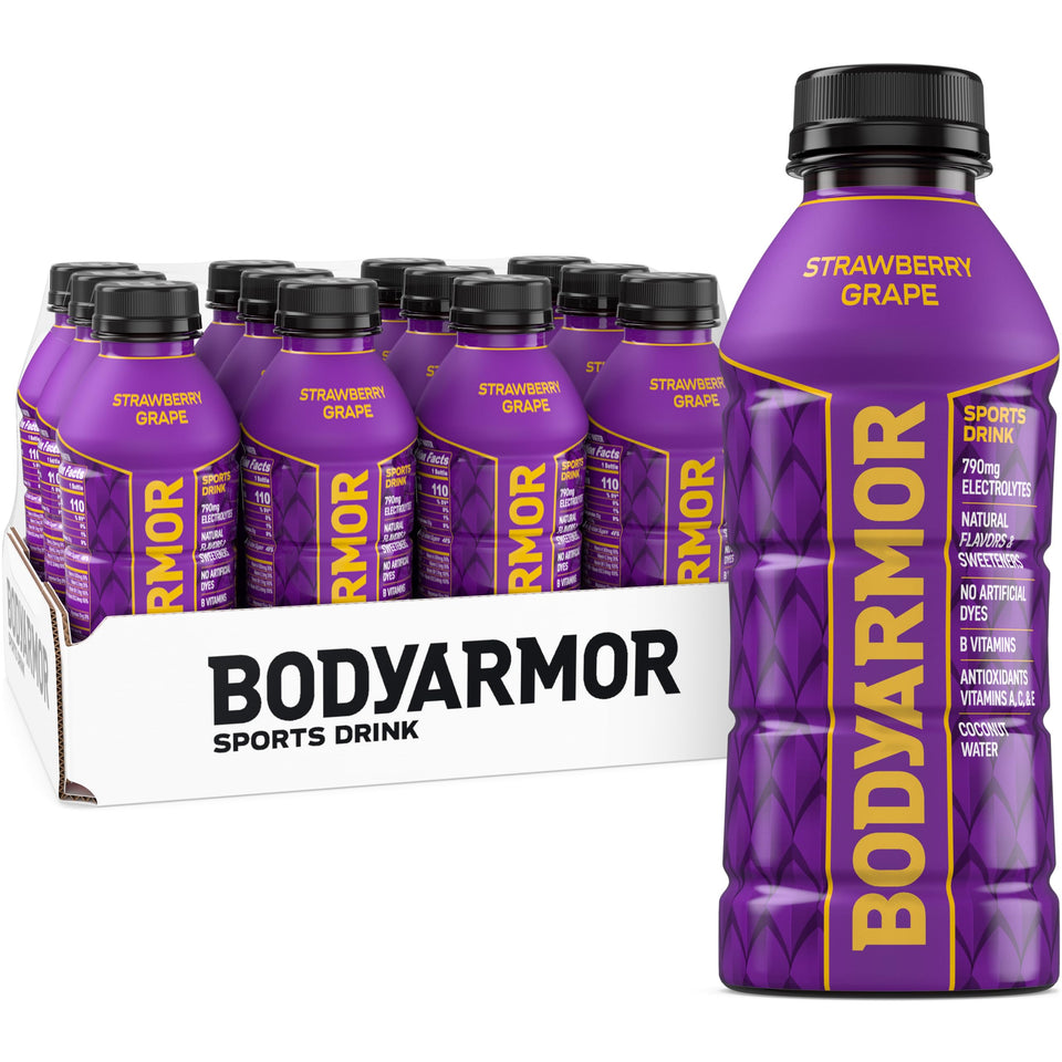 BodyArmor Sports Drink Strawberry Grape bottle for on-the-go hydration.