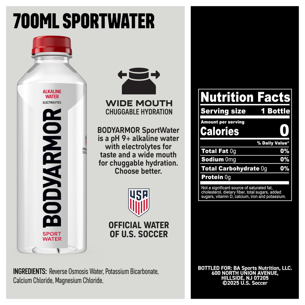 BODYARMOR SportWater 700mL bottle side view highlighting ergonomic grip