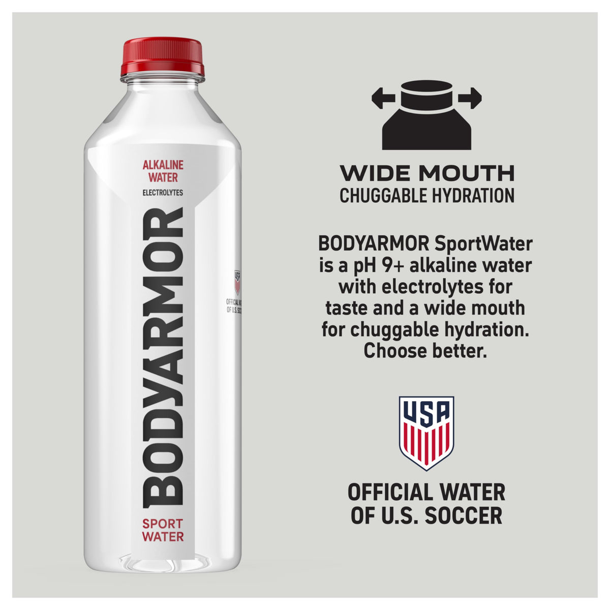Close-up of BODYARMOR SportWater label highlighting alkaline pH