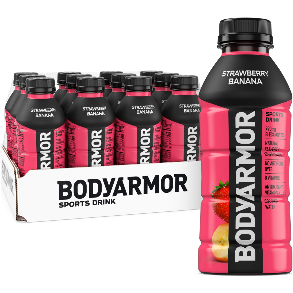 BODYARMOR Strawberry Banana bottle for on-the-go hydration and flavor.