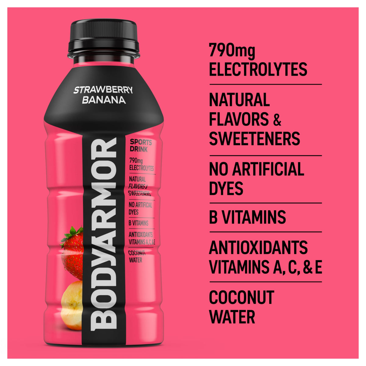 BODYARMOR Strawberry Banana label highlighting clean ingredients.
