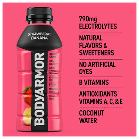 BODYARMOR Strawberry Banana label highlighting clean ingredients.