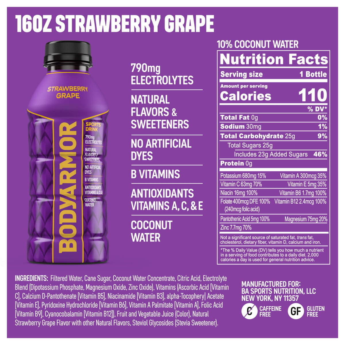 BodyArmor Strawberry Grape bottle being poured for refreshing hydration.