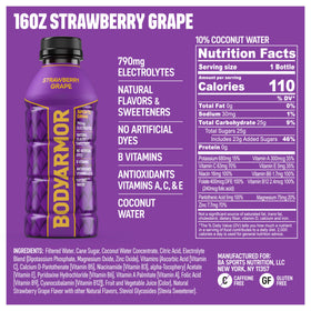 BodyArmor Strawberry Grape bottle being poured for refreshing hydration.