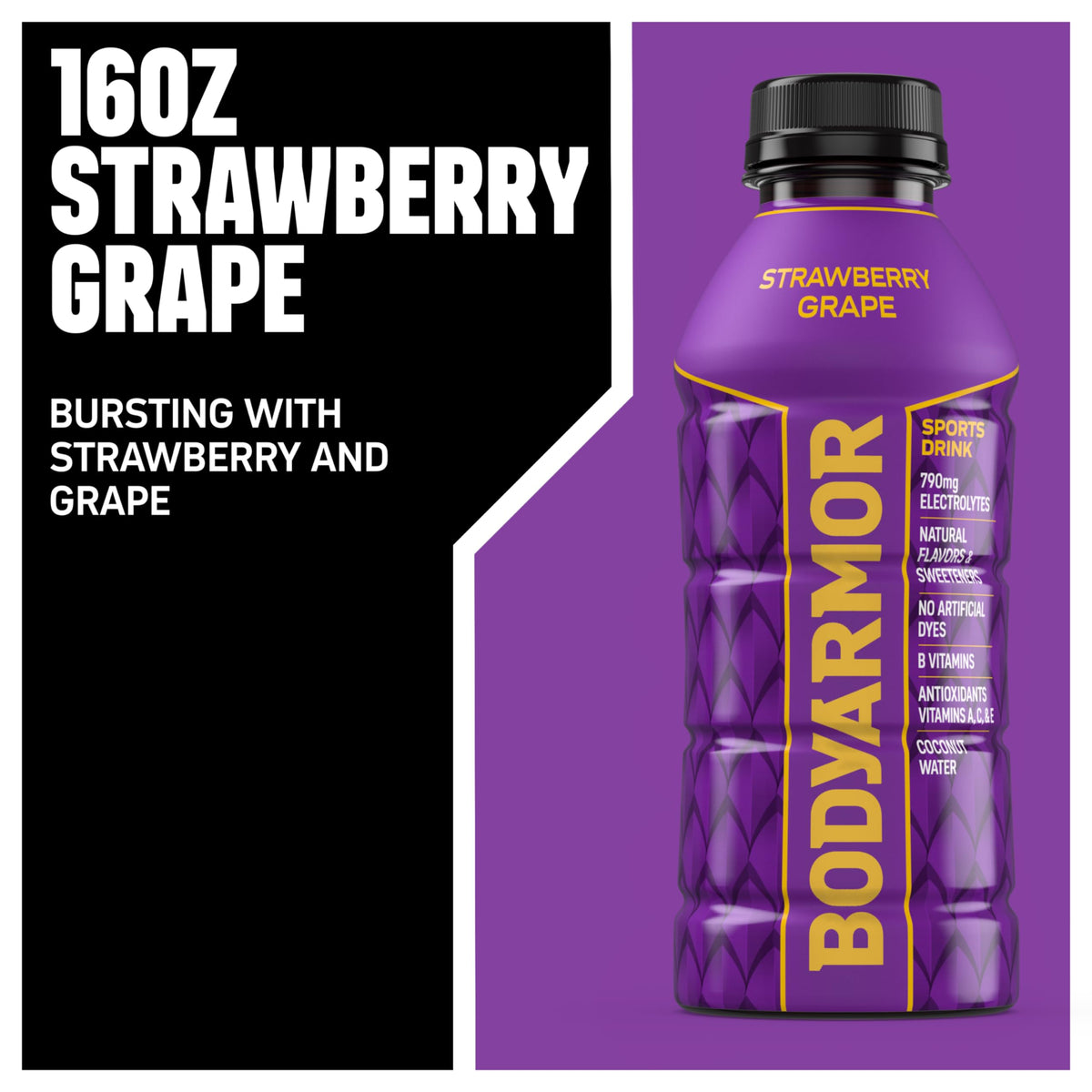 BodyArmor Strawberry Grape label close-up highlighting coconut water blend.