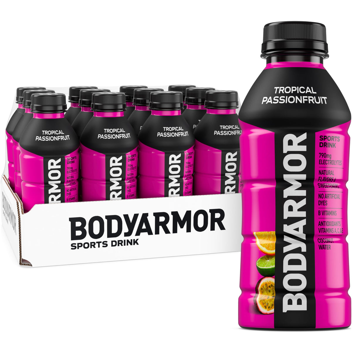 BODYARMOR Tropical Passionfruit bottle for refreshing hydration during workouts.