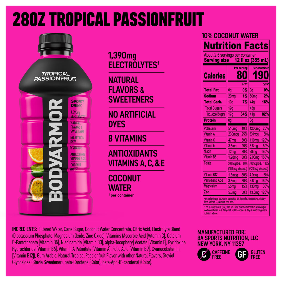 BODYARMOR label close-up highlights tropical flavor and antioxidant-rich formula