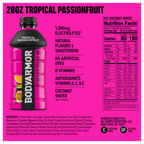 BODYARMOR label close-up highlights tropical flavor and antioxidant-rich formula