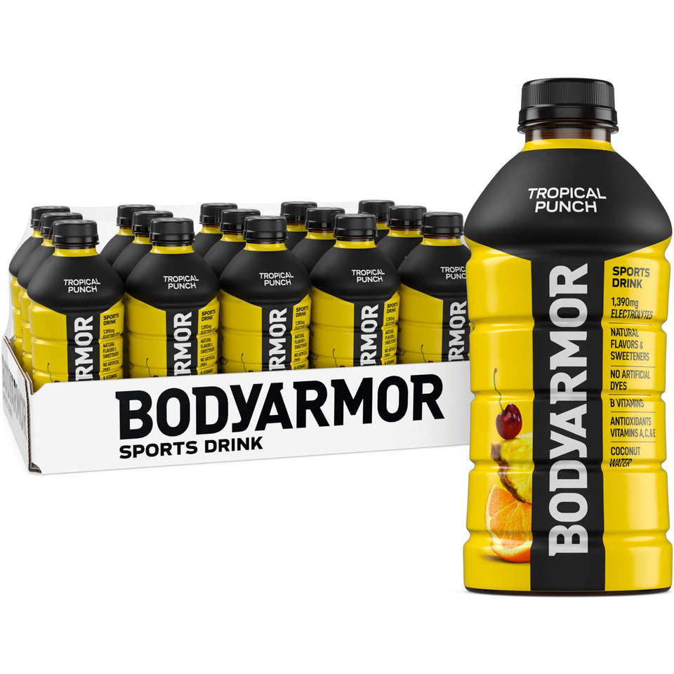 BODYARMOR Tropical Punch bottle at an angle for on-the-go hydration