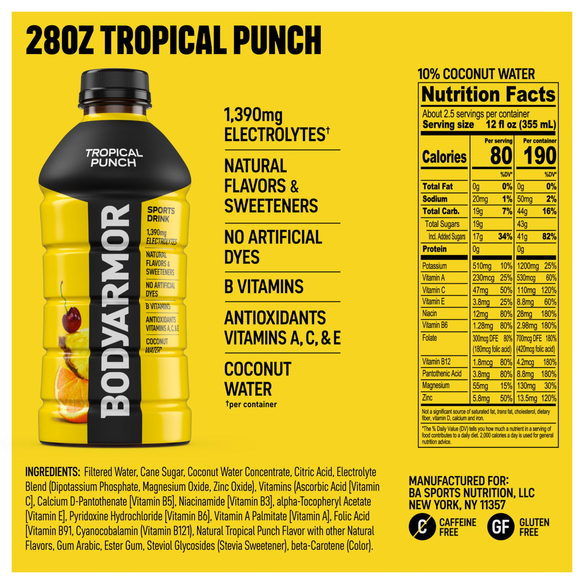 BODYARMOR Tropical Punch bottle close-up label highlighting natural ingredients