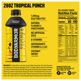BODYARMOR Tropical Punch bottle close-up label highlighting natural ingredients