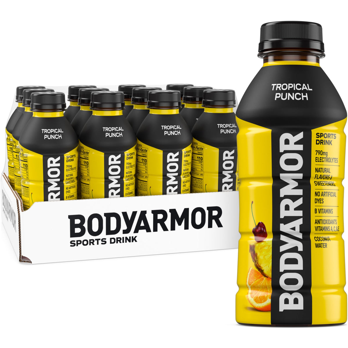 BODYARMOR Tropical Punch bottle front for premium hydration during workouts.