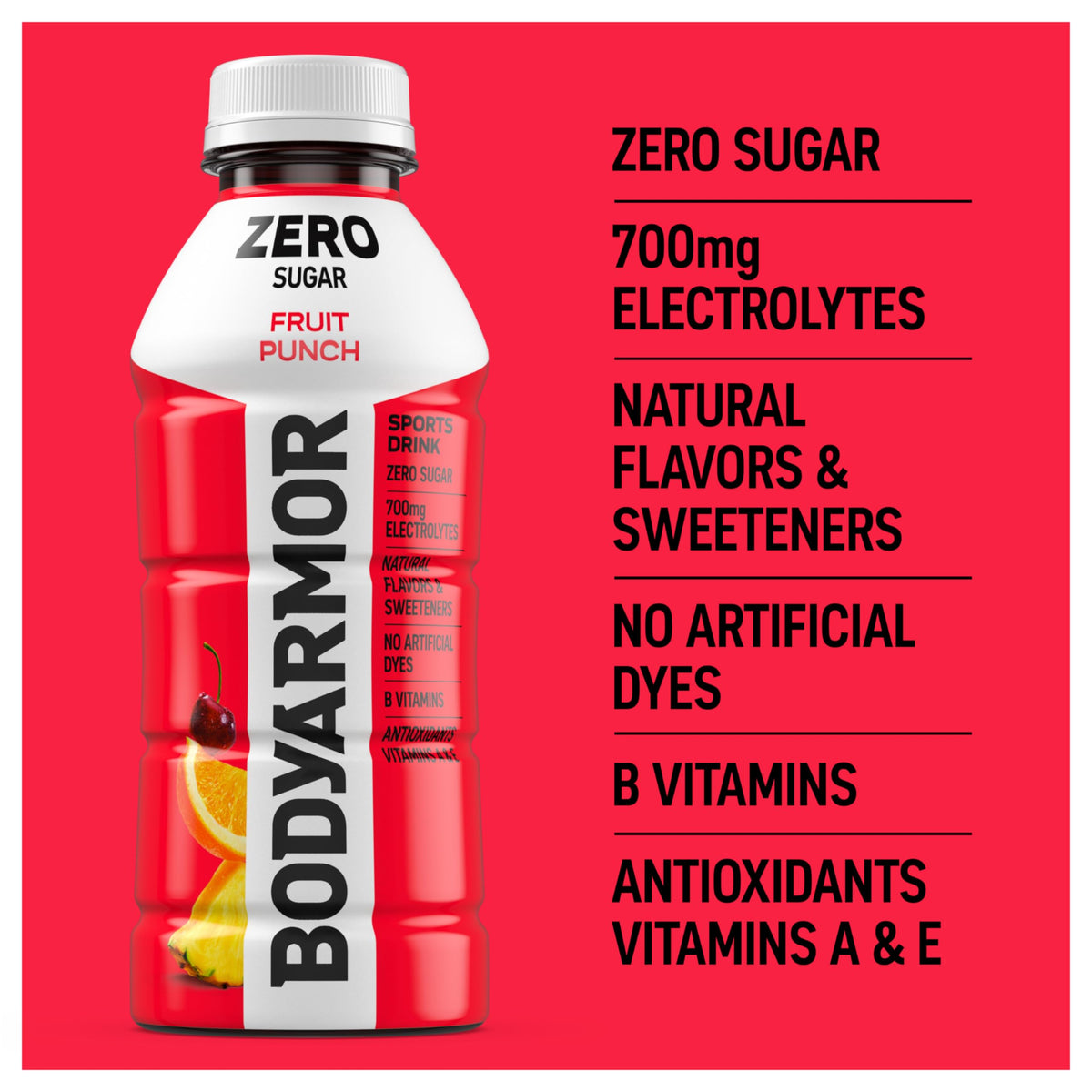 BODYARMOR ZERO Fruit Punch back-of-pack shows nutrition highlights