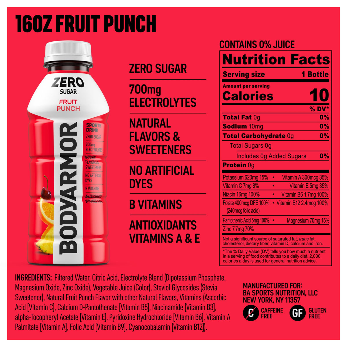BODYARMOR ZERO Fruit Punch pour captures quick hydration on the go
