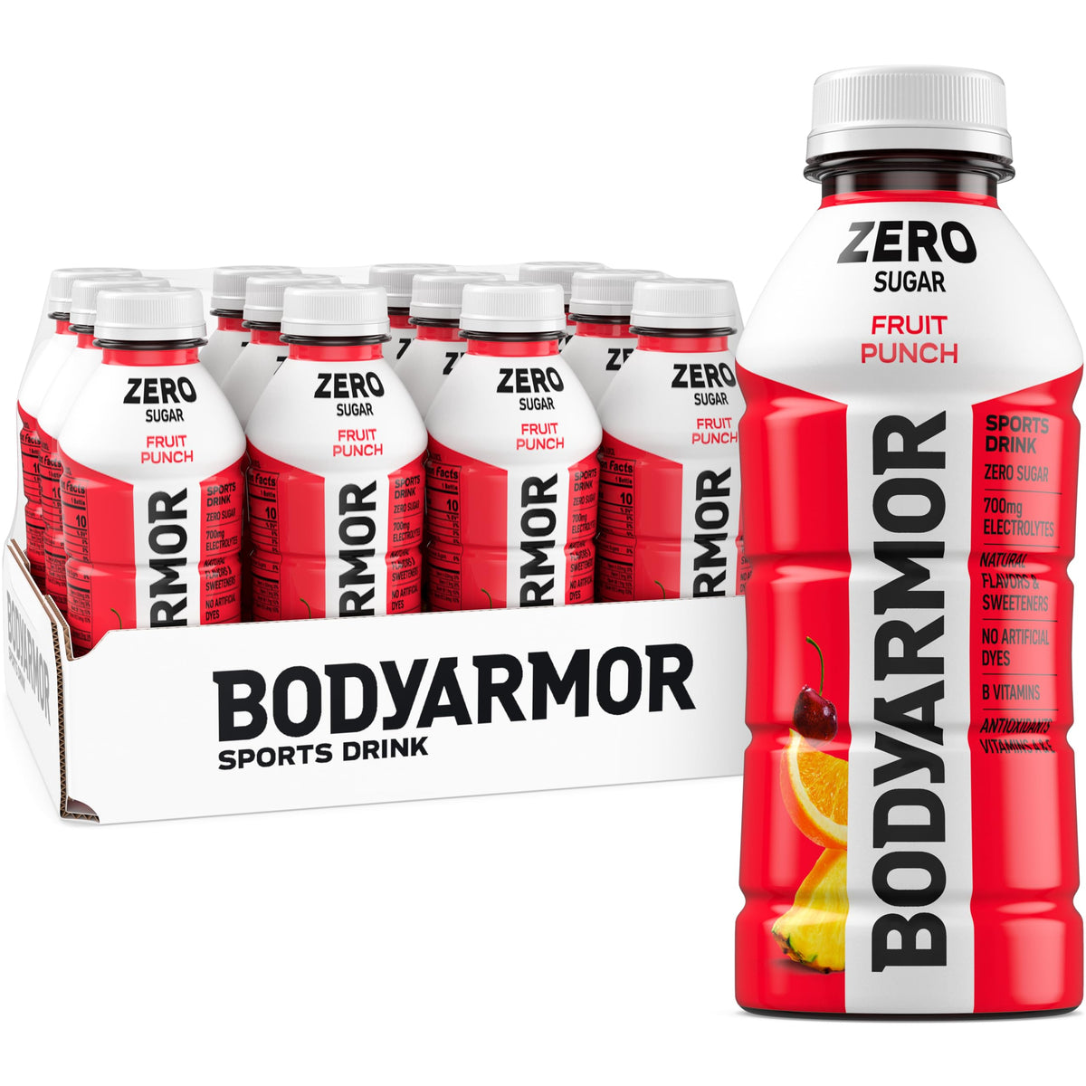 BODYARMOR ZERO Fruit Punch bottle shows zero sugar hydration and electrolytes