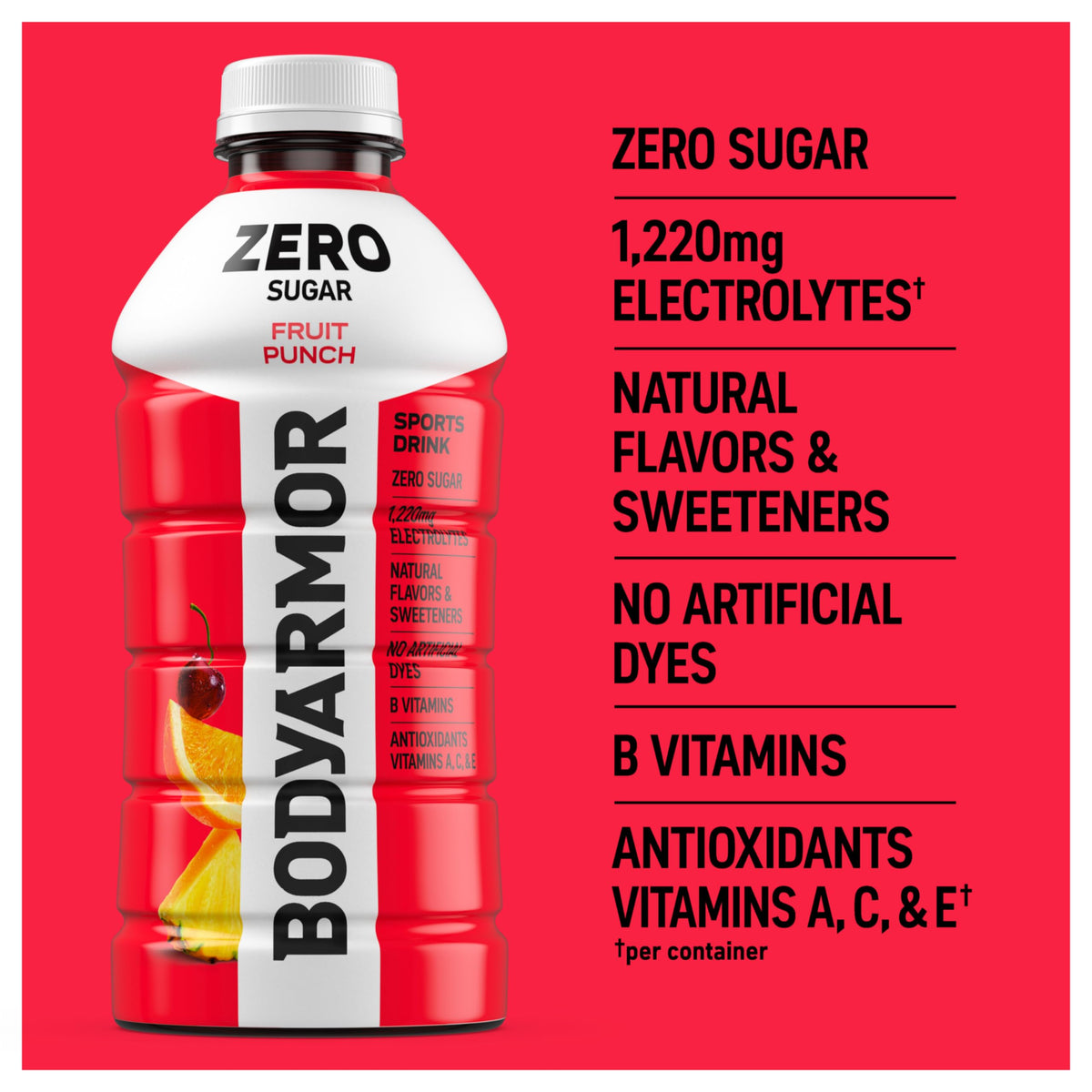 BODYARMOR Zero Sugar Fruit Punch label close-up highlights natural flavors.