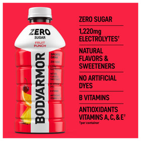 BODYARMOR Zero Sugar Fruit Punch label close-up highlights natural flavors.