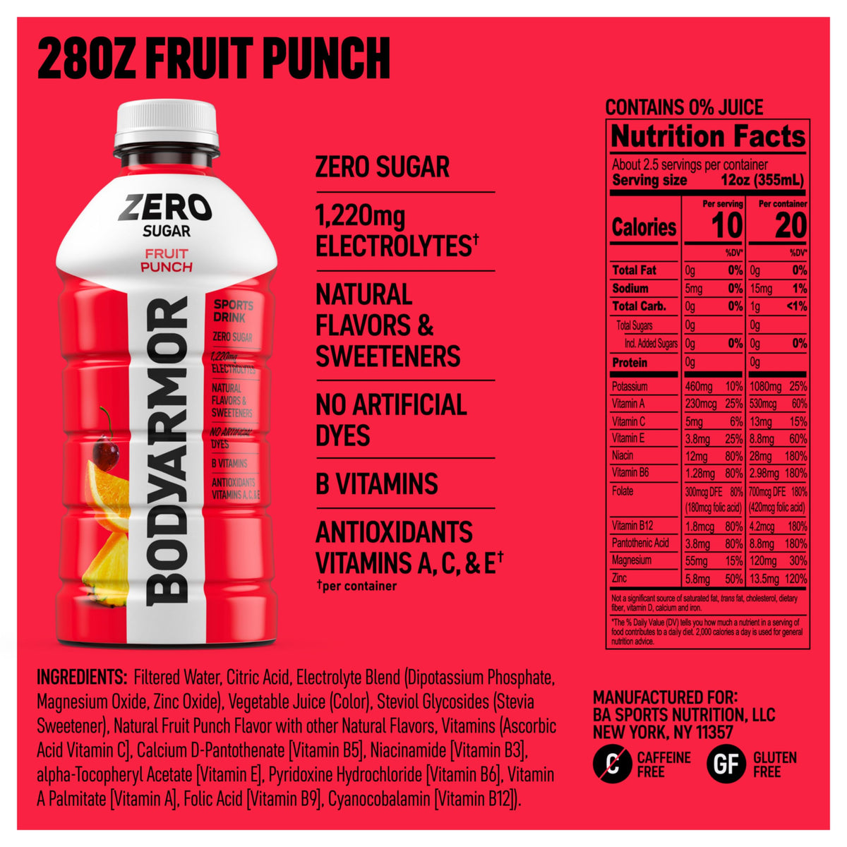 BODYARMOR Zero Sugar Fruit Punch pours into a glass for quick refreshment.