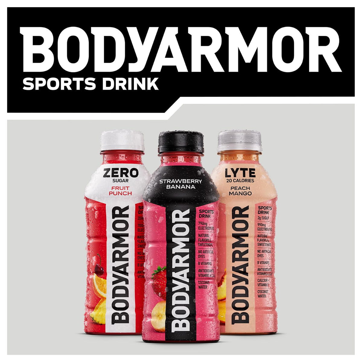 BODYARMOR Zero Sugar Fruit Punch bottle in use during a workout.