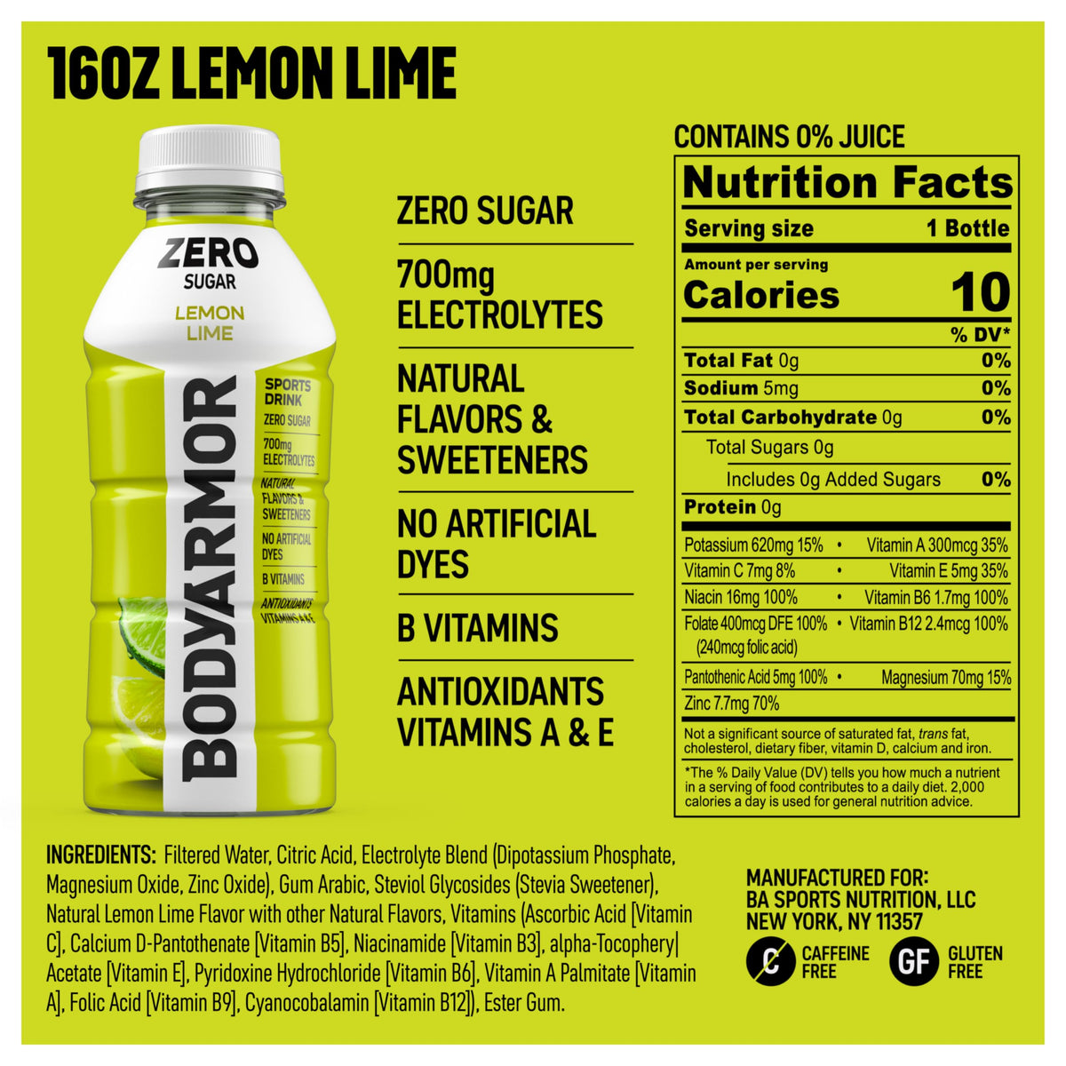 Chilled BODYARMOR Zero Sugar Lemon Lime bottle for workouts and recovery