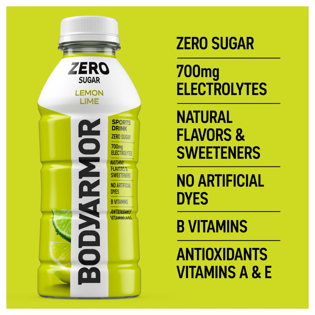 12-pack of BODYARMOR Zero Sugar Lemon Lime bottles for gym or travel