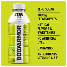 12-pack of BODYARMOR Zero Sugar Lemon Lime bottles for gym or travel