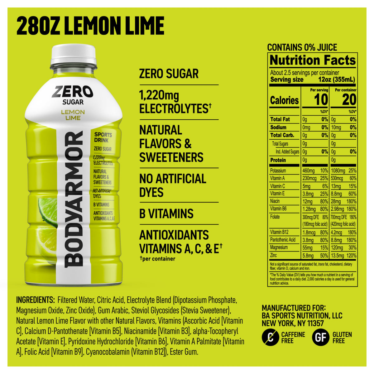 BodyArmor Zero Sugar Lemon Lime bottle side view emphasizes sugar-free refreshment for daily use