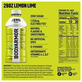BodyArmor Zero Sugar Lemon Lime bottle side view emphasizes sugar-free refreshment for daily use