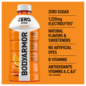 BODYARMOR Zero Sugar Orange bottle emphasizes electrolytes and antioxidants