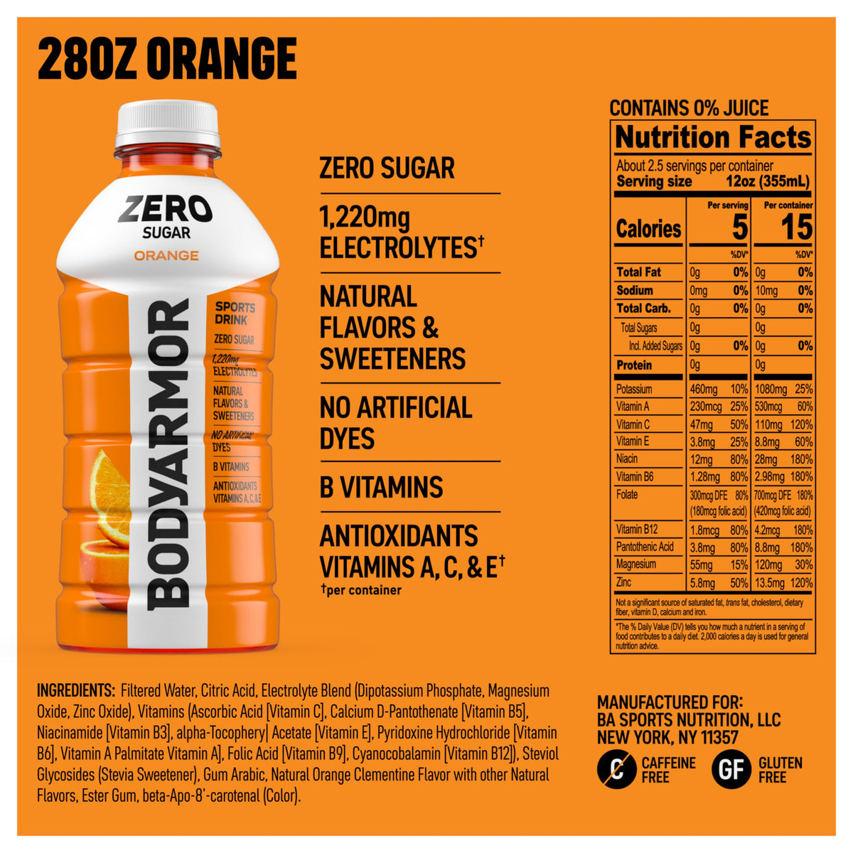 BODYARMOR Zero Sugar Orange label close-up highlighting electrolytes