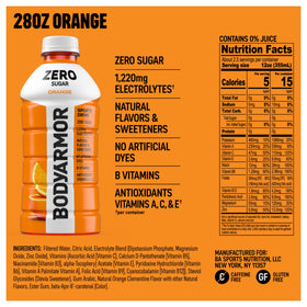BODYARMOR Zero Sugar Orange label close-up highlighting electrolytes