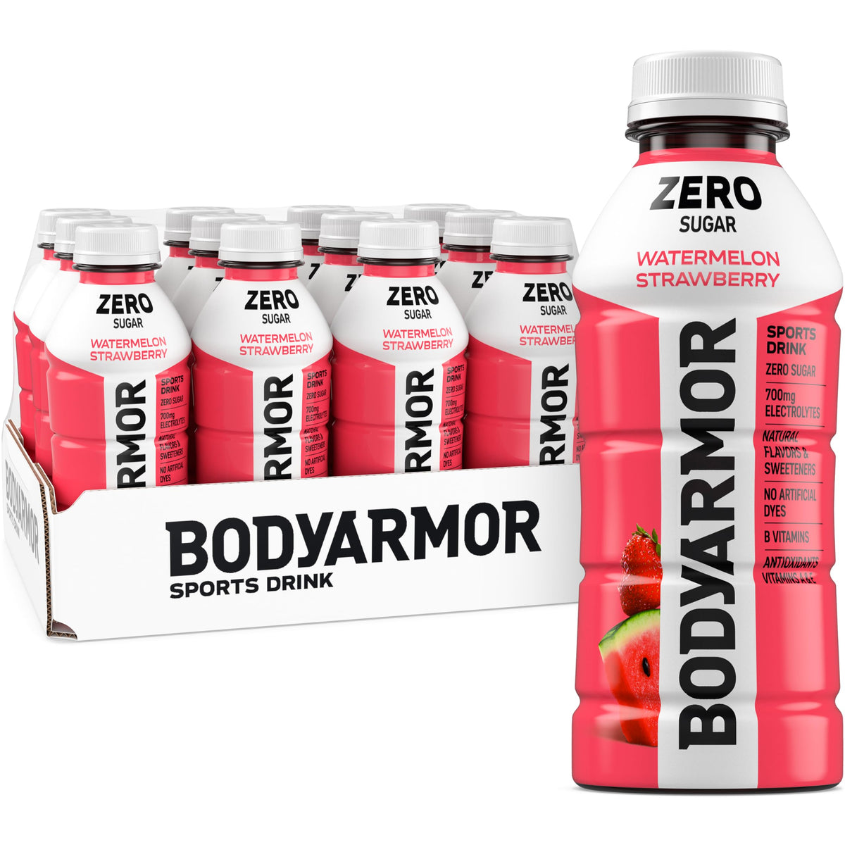 BODYARMOR Zero Sugar Watermelon Strawberry bottle shown for on-the-go hydration