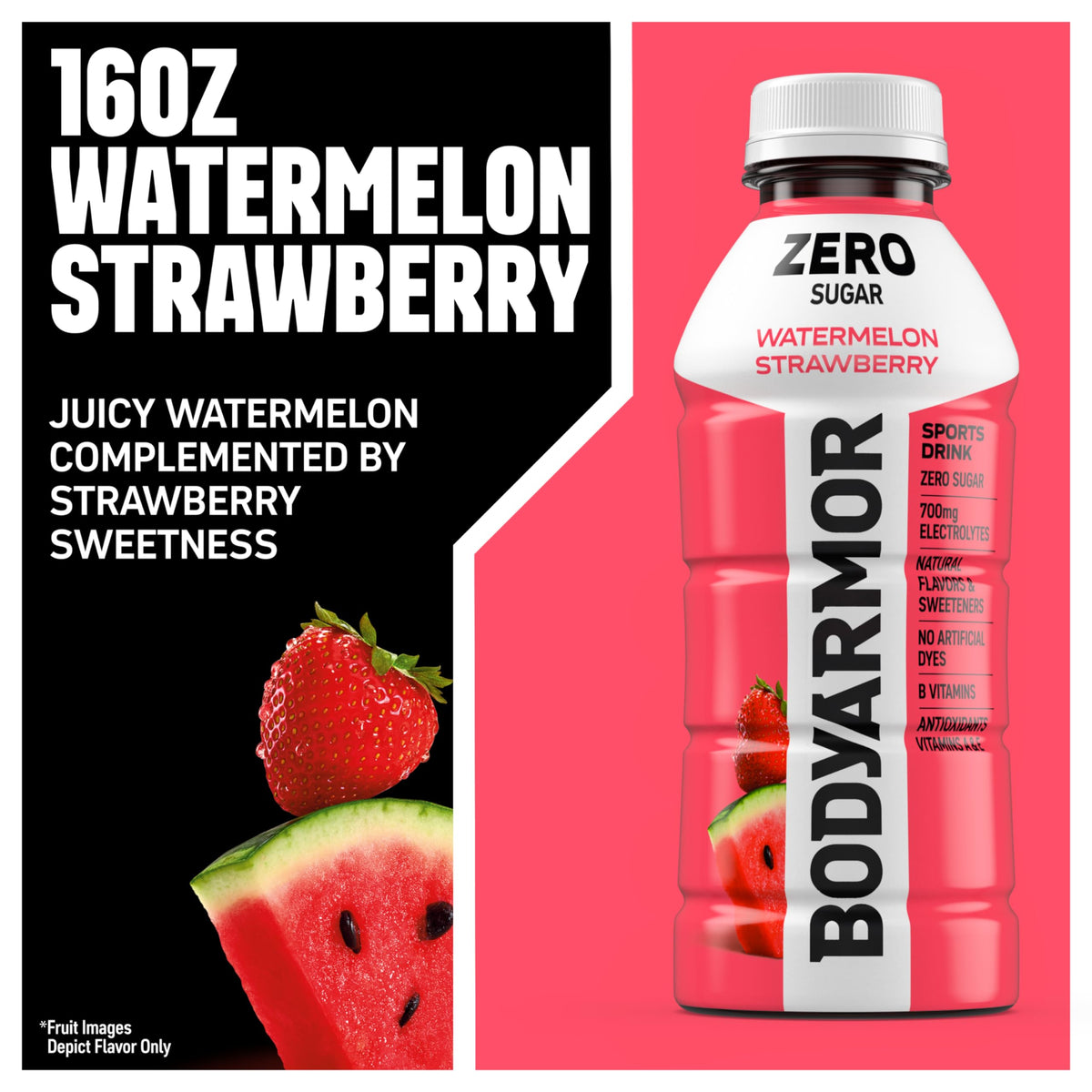 Glass with ice and BODYARMOR Zero Sugar Watermelon Strawberry looks refreshing