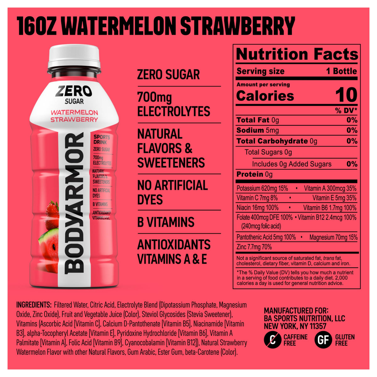 BODYARMOR Zero Sugar Watermelon Strawberry label highlights no artificial additives