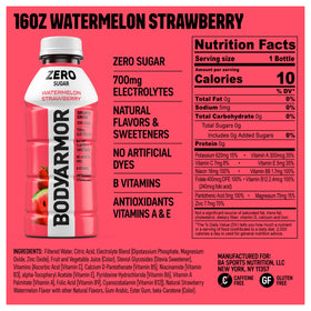 BODYARMOR Zero Sugar Watermelon Strawberry label highlights no artificial additives