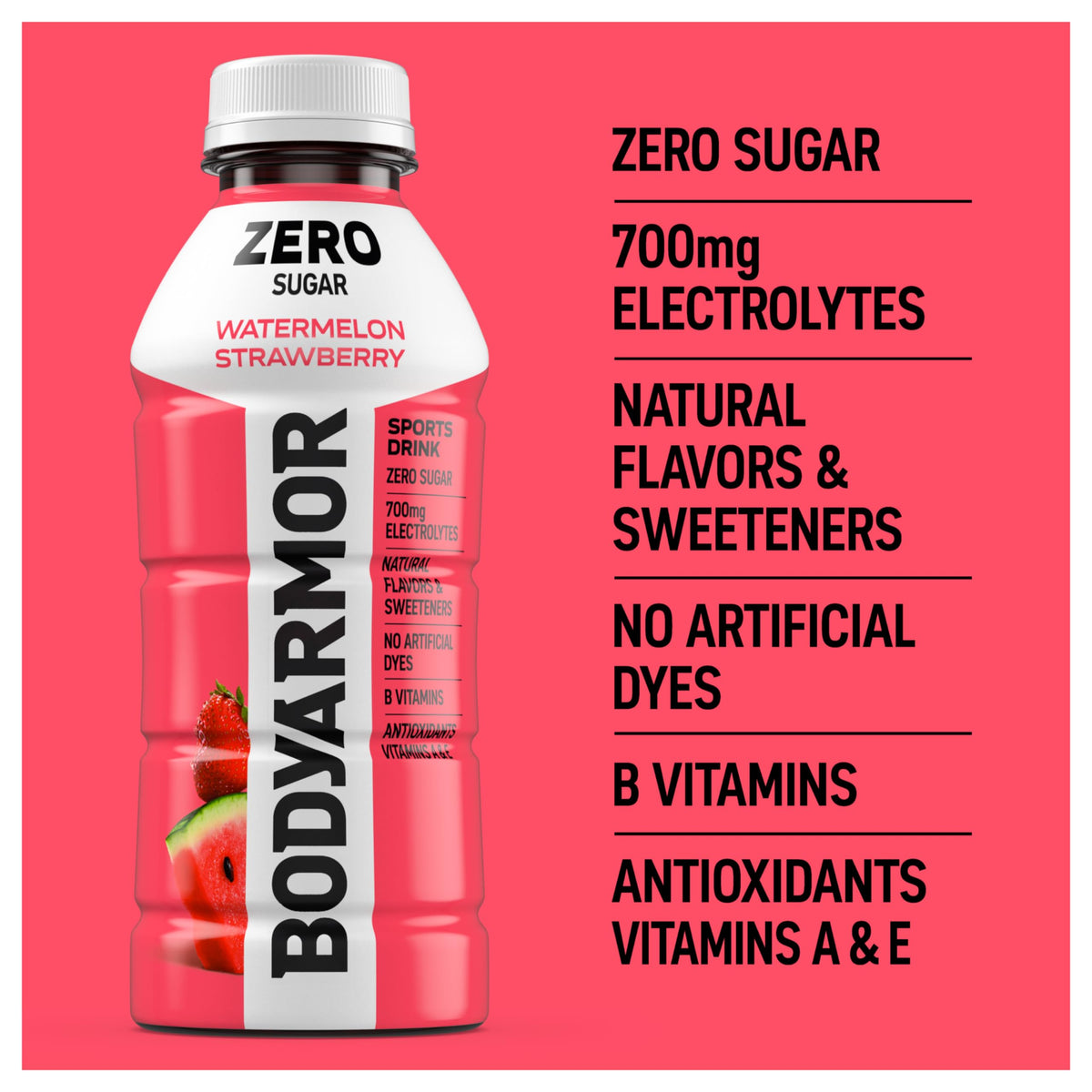 Pouring BODYARMOR Zero Sugar Watermelon Strawberry demonstrates convenient hydration