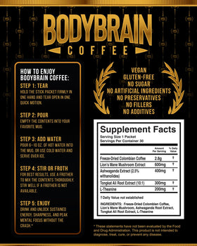 BodyBrain Coffee ingredients label shows precise dosages for Lion's Mane, Ashwagandha, and L-Theanine.