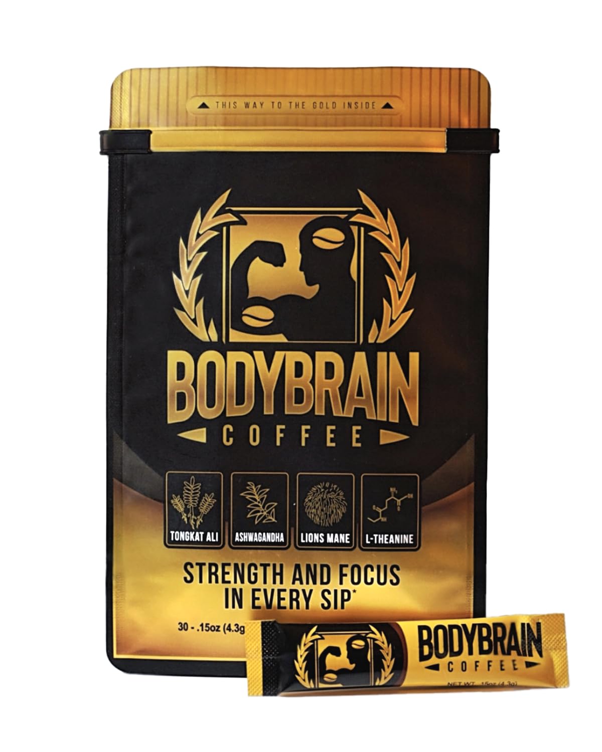 BodyBrain Coffee single-serve packet dissolves quickly for hot or iced beverages.