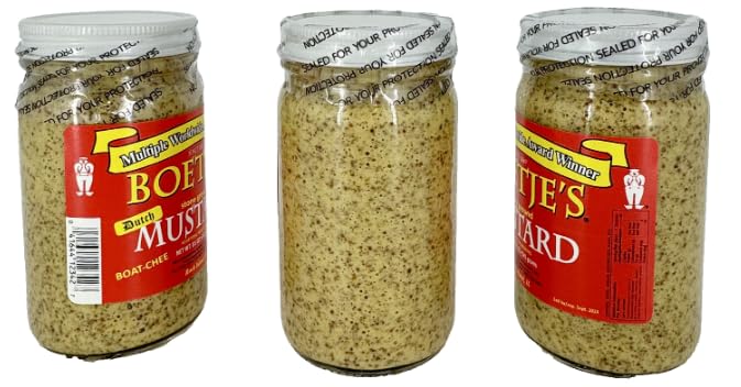 Boetje's mustard three-pack on display, ideal for burgers and sandwiches.