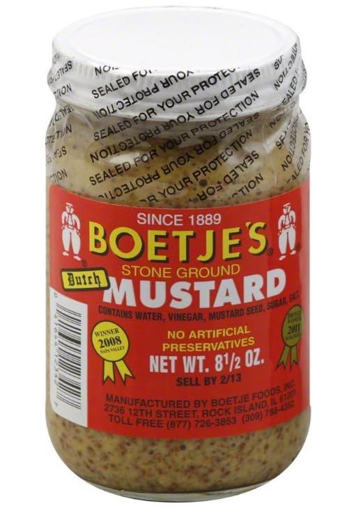Boetje's Stone Ground Mustard jar close-up highlighting tangy flavor and horseradish zing.