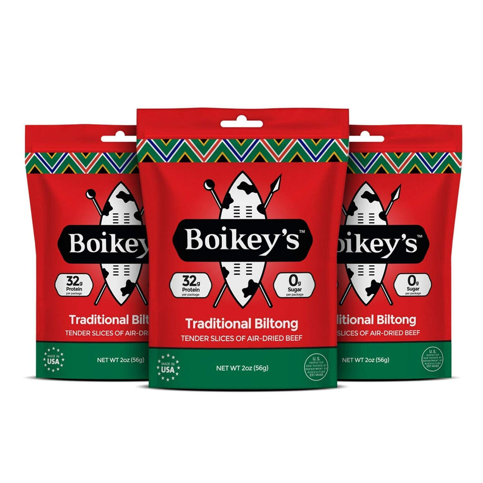 Boikey's Biltong traditional flavor packaging highlighting on-the-go protein benefits