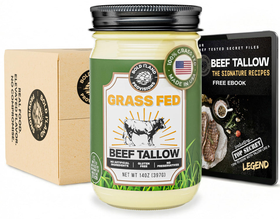 Bold I’Land Grass-Fed Tallow jar closeup for everyday cooking.
