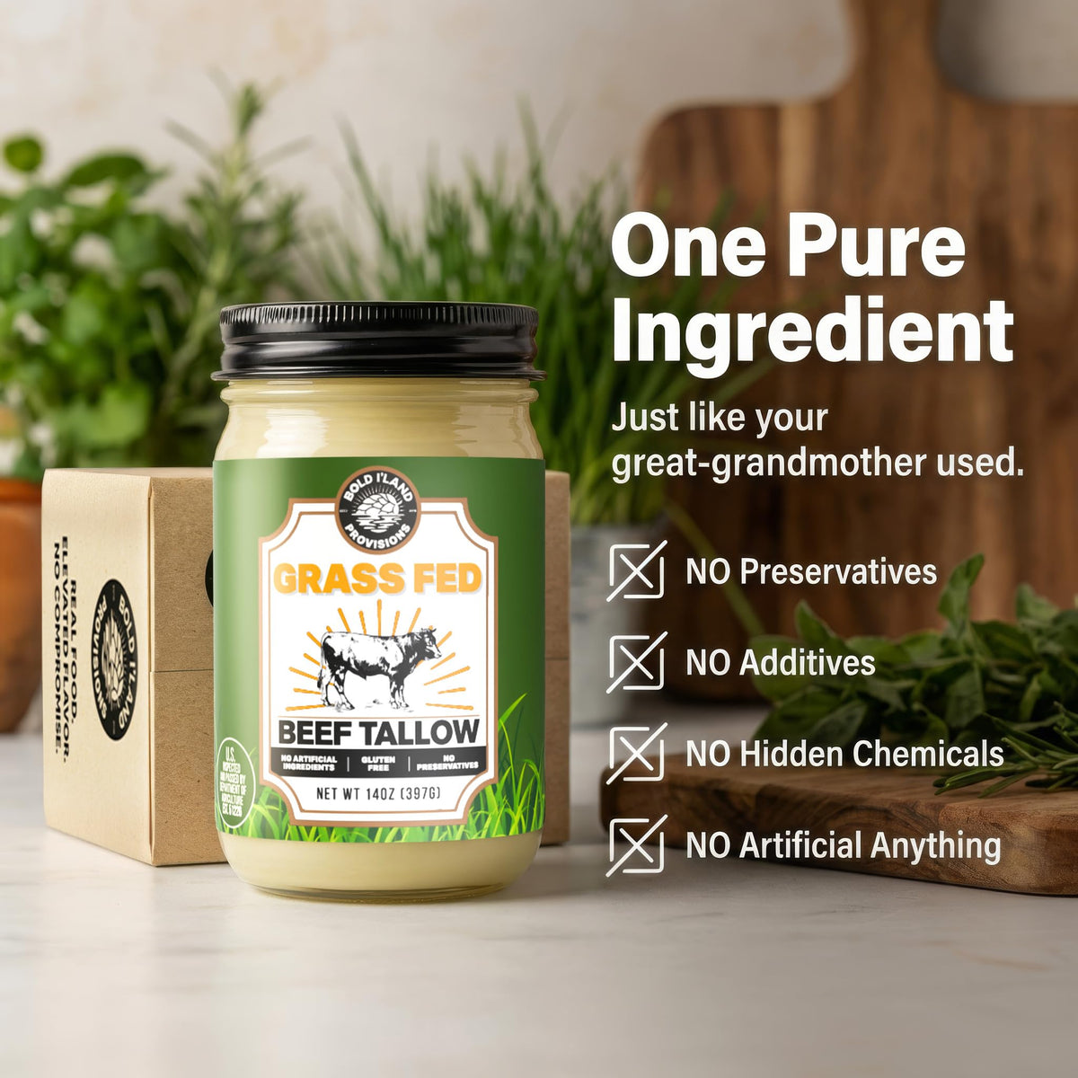 Bold I’Land Tallow high smoke point enables clean frying.