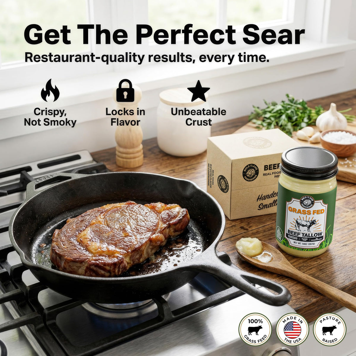 Bold I’Land Tallow pan sear steaks with rich browning.