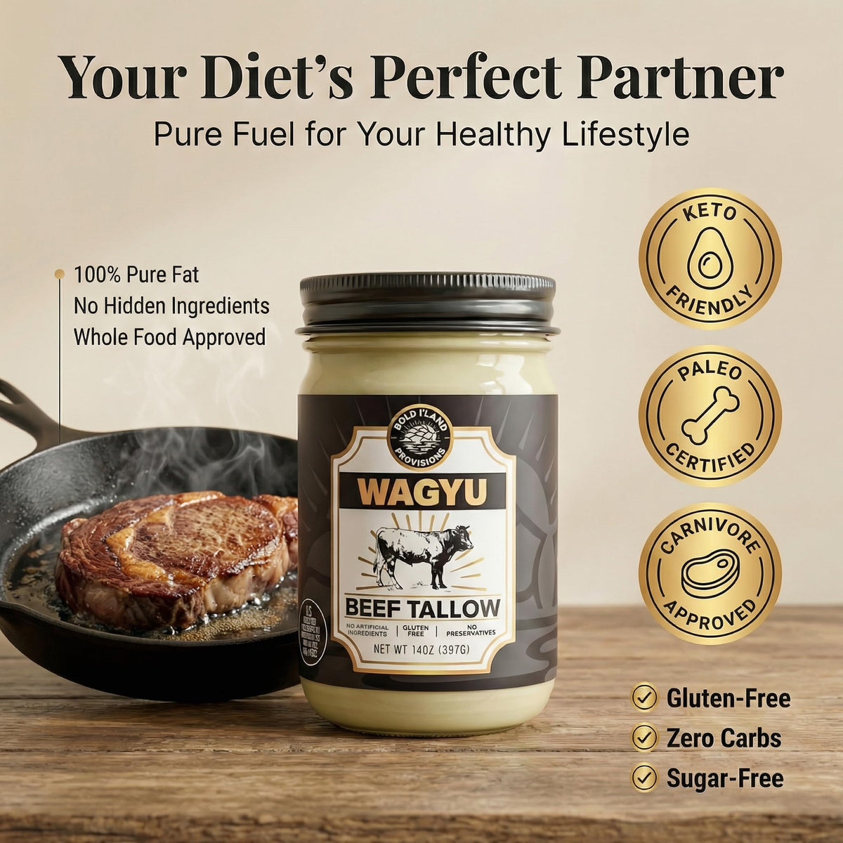 Bold I'Land Wagyu tallow in dish prep hints at restaurant-quality flavor.