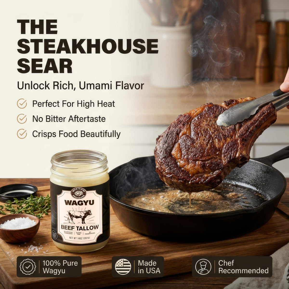 Bold I'Land Wagyu tallow bottle pour capturing high-heat ready fat.