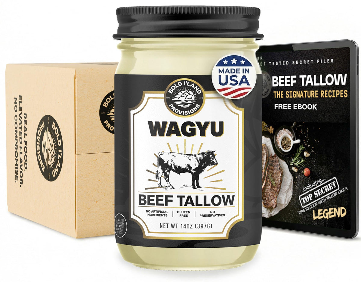 Bold I'Land Wagyu tallow jar closeup for premium searing and roasting.