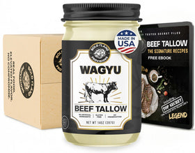 Bold I'Land Wagyu tallow jar closeup for premium searing and roasting.