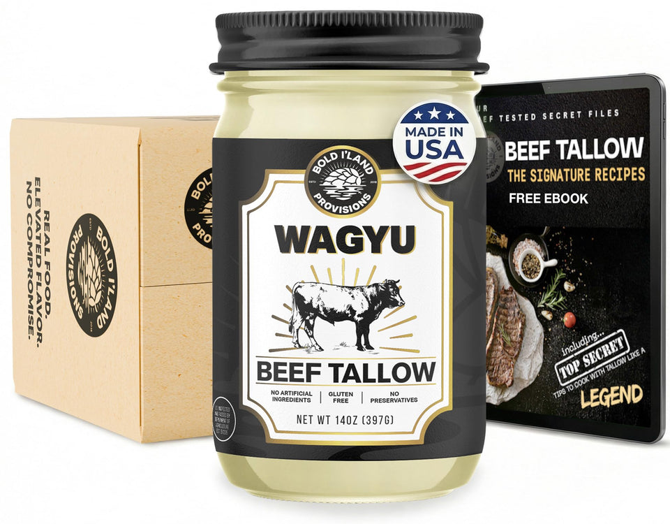 Bold I'Land Wagyu tallow jar closeup for premium searing and roasting.