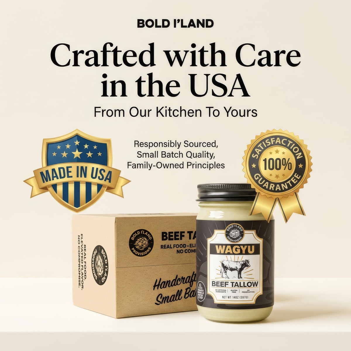 Bold I'Land Wagyu tallow jar in pantry suggesting keto and paleo compatibility.